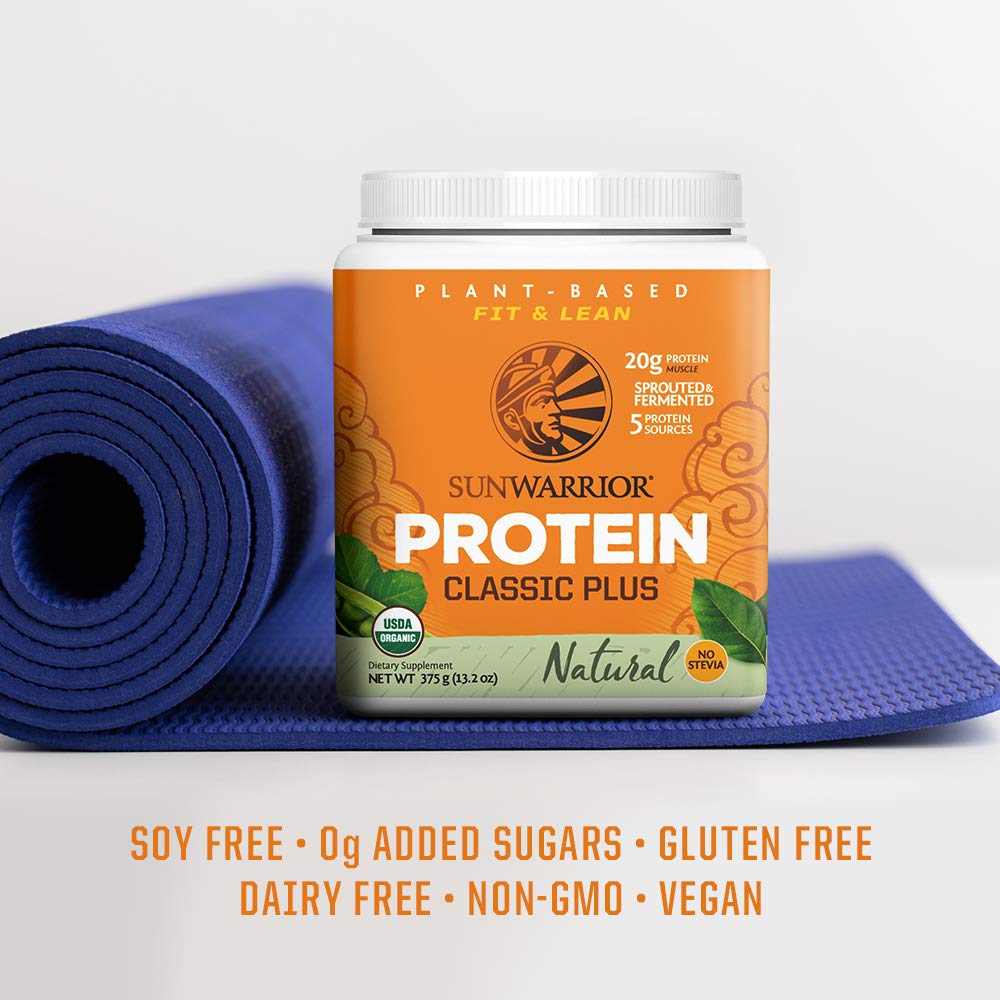 Sunwarrior organic protein powder label closeup emphasizing non-GMO, gluten-free, dairy-free attributes.