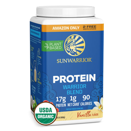 Sunwarrior organic vanilla protein powder jar shown as a convenient plant-based protein option for workouts