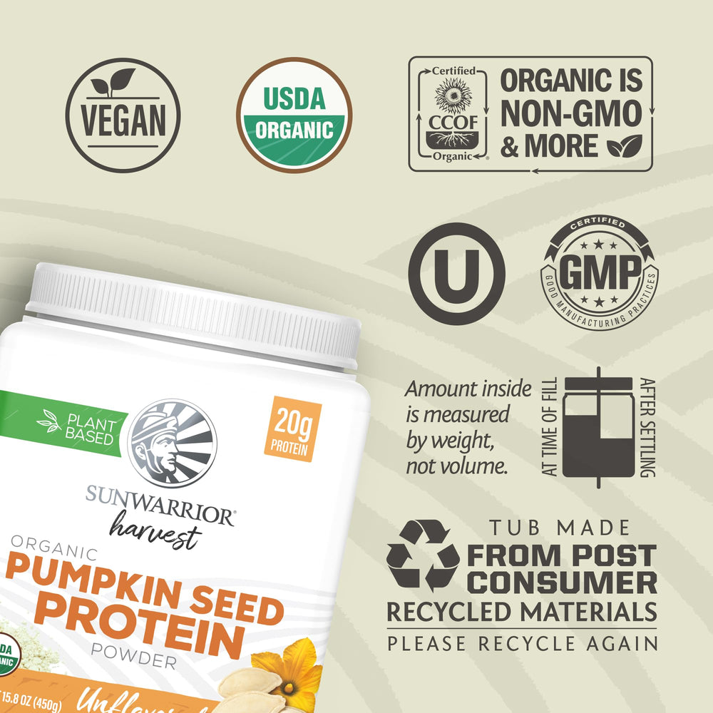 Sunwarrior organic pumpkin seed protein powder bag highlights pure organic ingredient with no additives