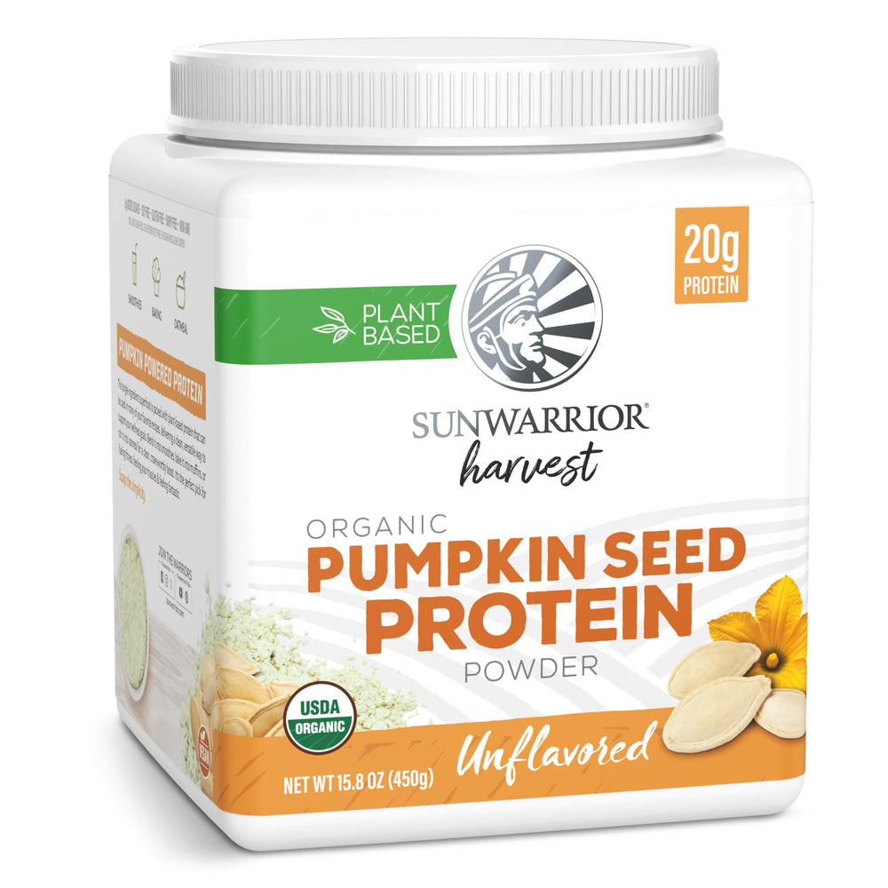 Sunwarrior organic pumpkin seed protein bottle shows clean single-ingredient nutrition for vegan diets