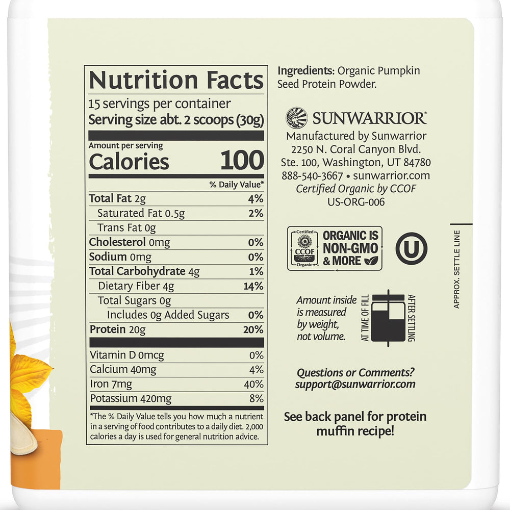 Sunwarrior organic pumpkin seed protein powder pour demonstrates easy blending into smoothies