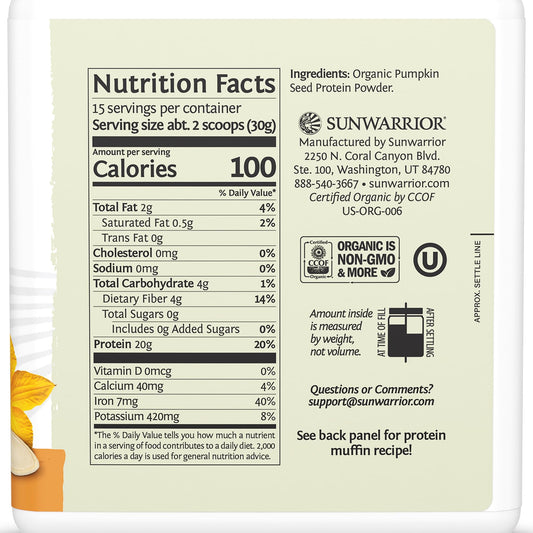 Sunwarrior organic pumpkin seed protein powder pour demonstrates easy blending into smoothies