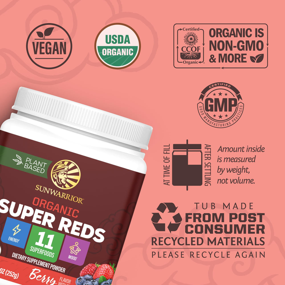 Sunwarrior Organic Super Reds acai pomegranate berries highlight polyphenols for everyday vitality.