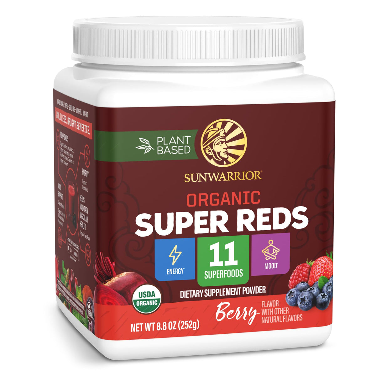 Sunwarrior Organic Super Reds beet root powder ready to mix for daily energy and immune support.