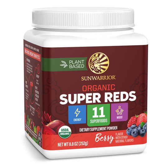 Sunwarrior Organic Super Reds beet root powder ready to mix for daily energy and immune support.