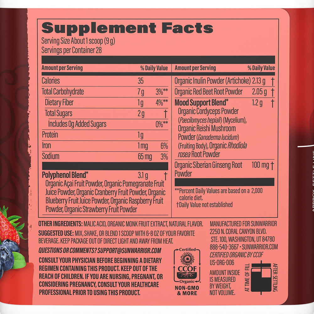 Sunwarrior Organic Super Reds berry blend scoop displays vibrant fruits for antioxidant support.