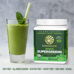 Sunwarrior Ormus Greens bottle beside blender suggesting daily ritual.
