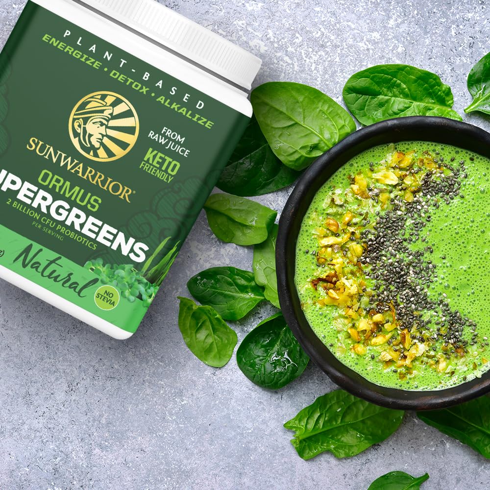Sunwarrior Ormus Greens natural ingredients label emphasizing organic sourcing.