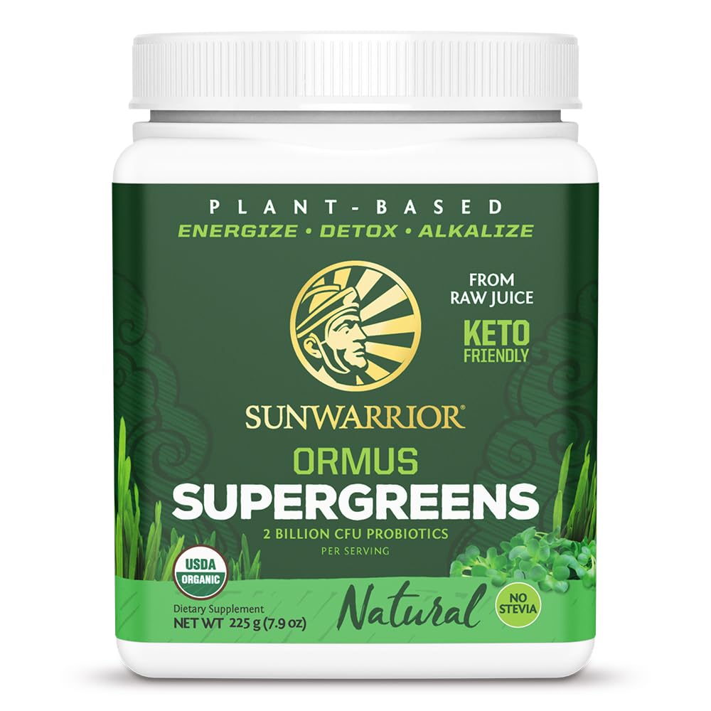 Sunwarrior Ormus Greens tub front view for easy daily greens boost.