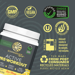 Sunwarrior Pre Workout ingredients panel highlights pump, hydration, and focus components.