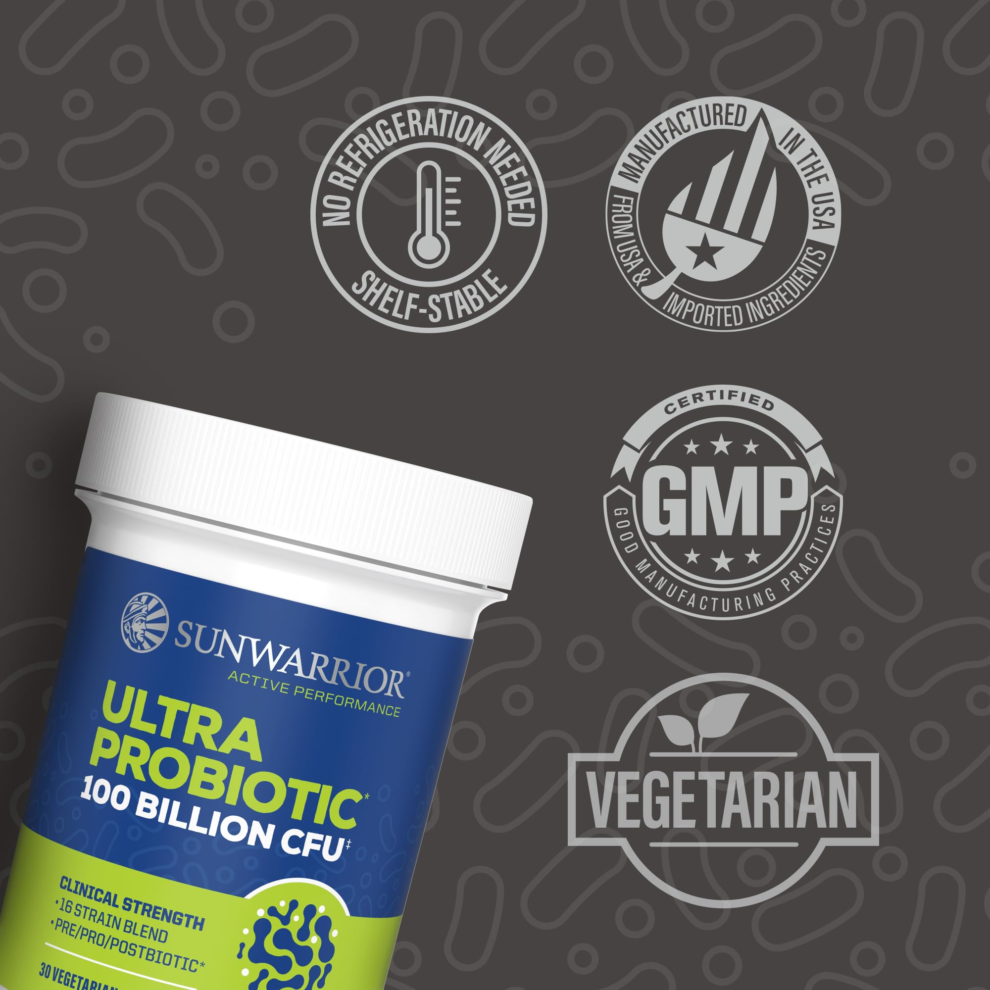 Sunwarrior prebiotic and postbiotic blend in bottle supports gut health.