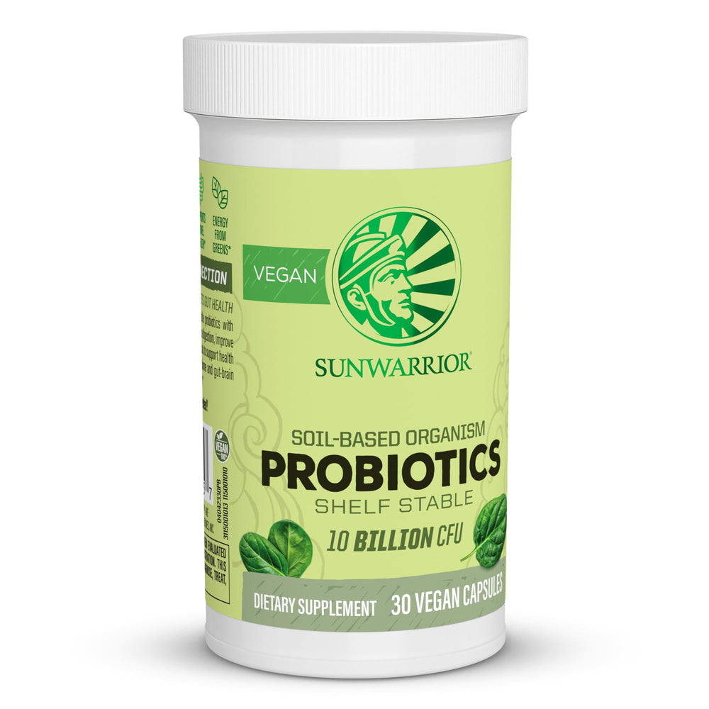 Sunwarrior Probiotics bottle front view for daily gut support with vegan formula.