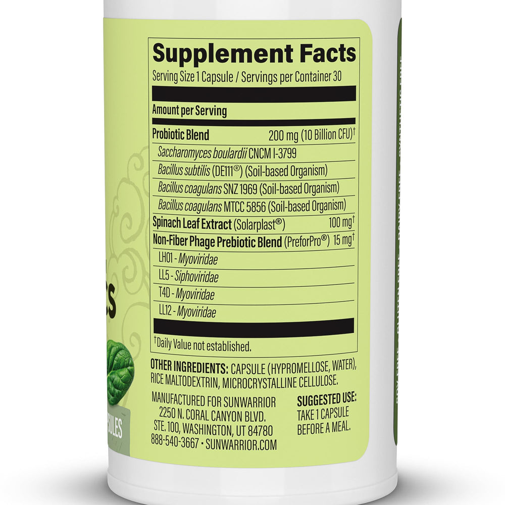 Sunwarrior Probiotics label closeup showing ingredients and allergen-free claims.