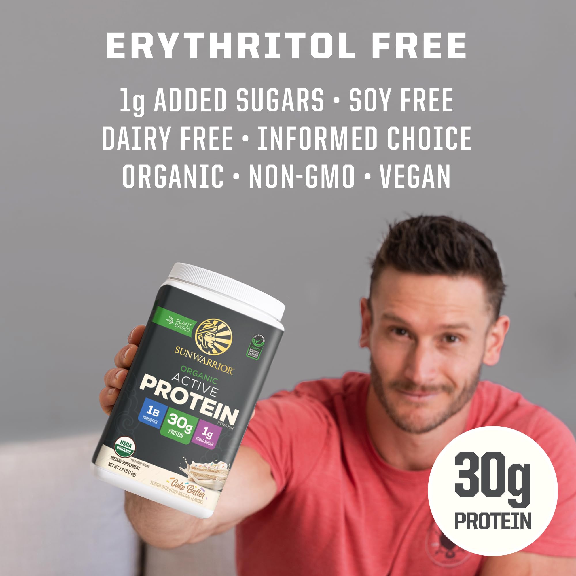 Sunwarrior Protein Powder Cake Batter label highlighting non-GMO, dairy-free and gluten-free benefits