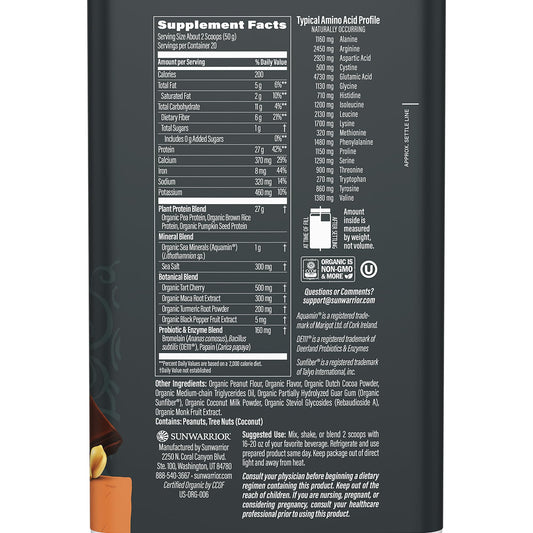 Sunwarrior protein powder ingredients with probiotics and digestive enzymes for easier digestion.