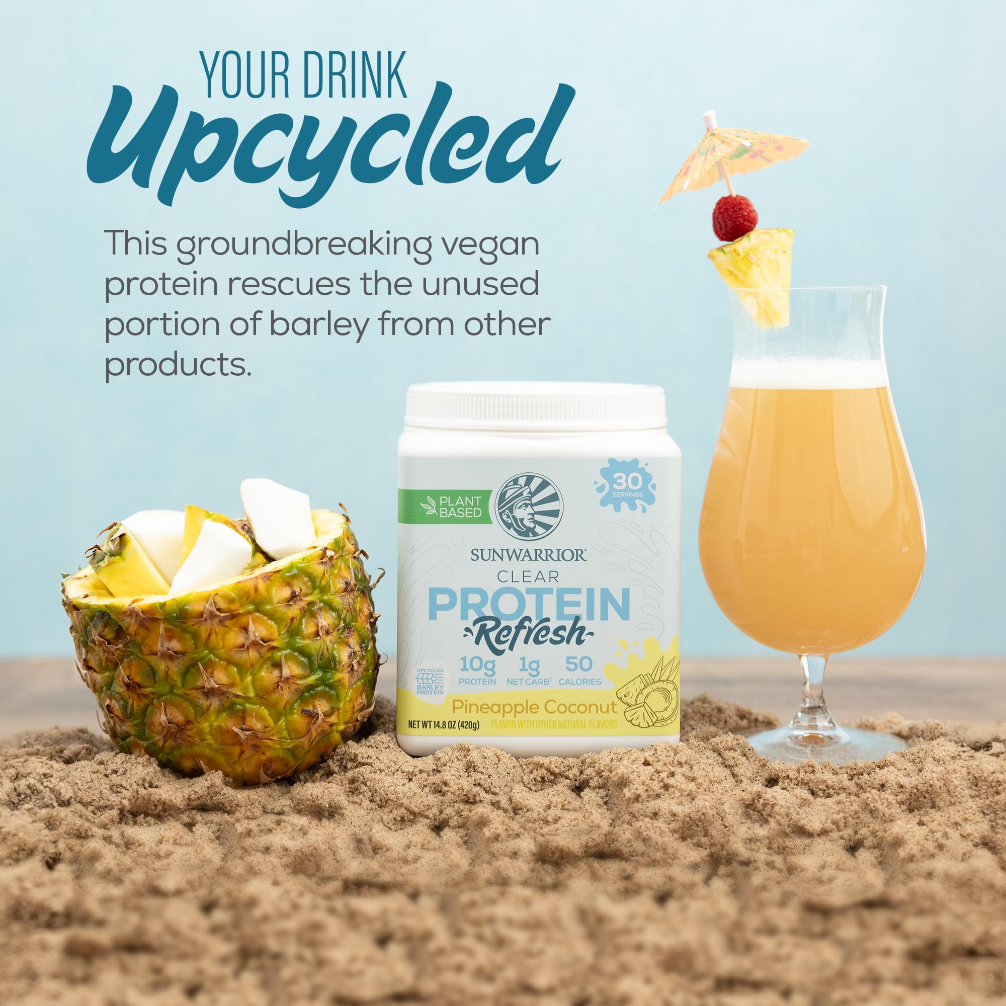 Sunwarrior Protein Water Mix packaging emphasizing upcycled barley protein content