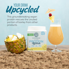 Sunwarrior Protein Water Mix packaging emphasizing upcycled barley protein content