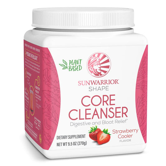 Sunwarrior Strawberry Cooler packaging shows plant-based prebiotic blend for digestion.