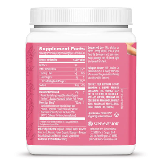 Sunwarrior Strawberry Cooler powder with scoop demonstrates convenient daily digestive support.