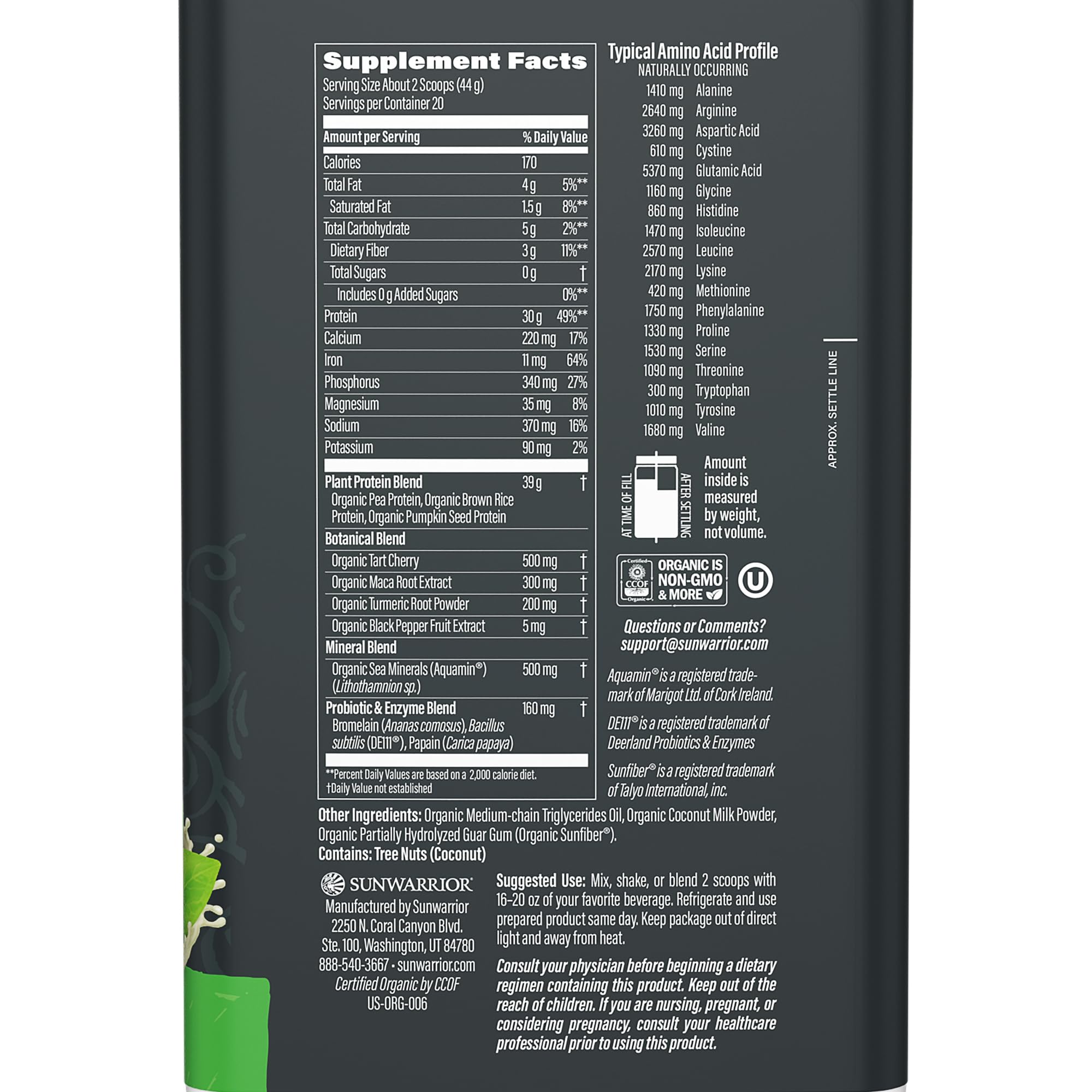 Sunwarrior unflavored protein powder scoop beside tub for versatile vegan shakes.