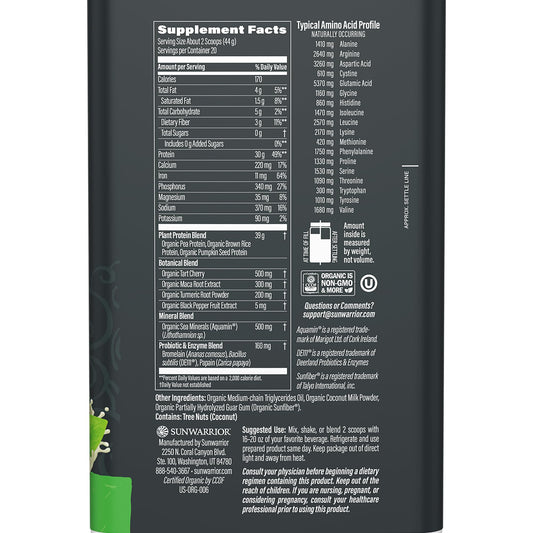 Sunwarrior unflavored protein powder scoop beside tub for versatile vegan shakes.