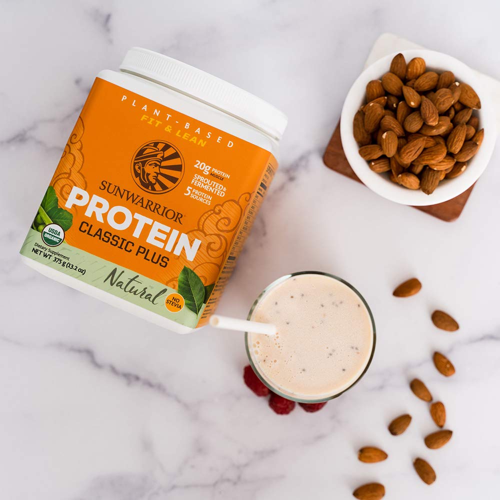Sunwarrior unflavored protein shake glass featuring a creamy, neutral flavor for versatile recipes.