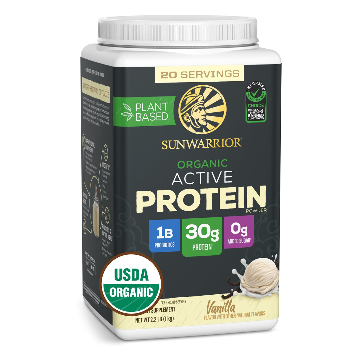 Sunwarrior vanilla organic protein bottle front view, plant-based protein for daily fueling.