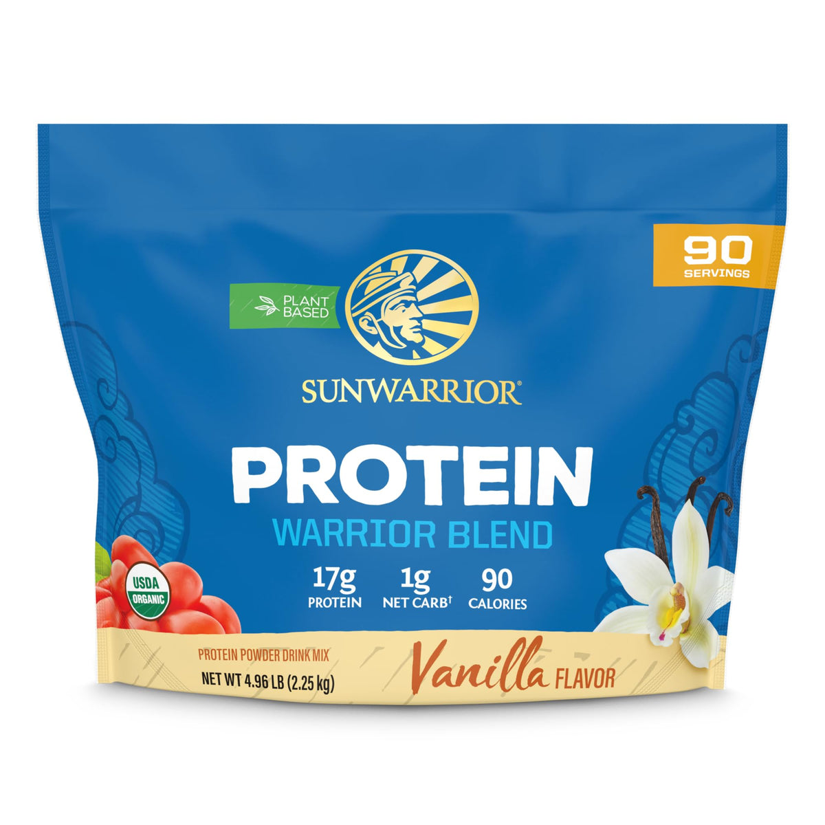Sunwarrior Vanilla Organic Protein Powder bottle showcases vegan nutrition for balanced energy.