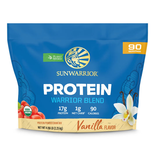 Sunwarrior Vanilla Organic Protein Powder bottle showcases vegan nutrition for balanced energy.