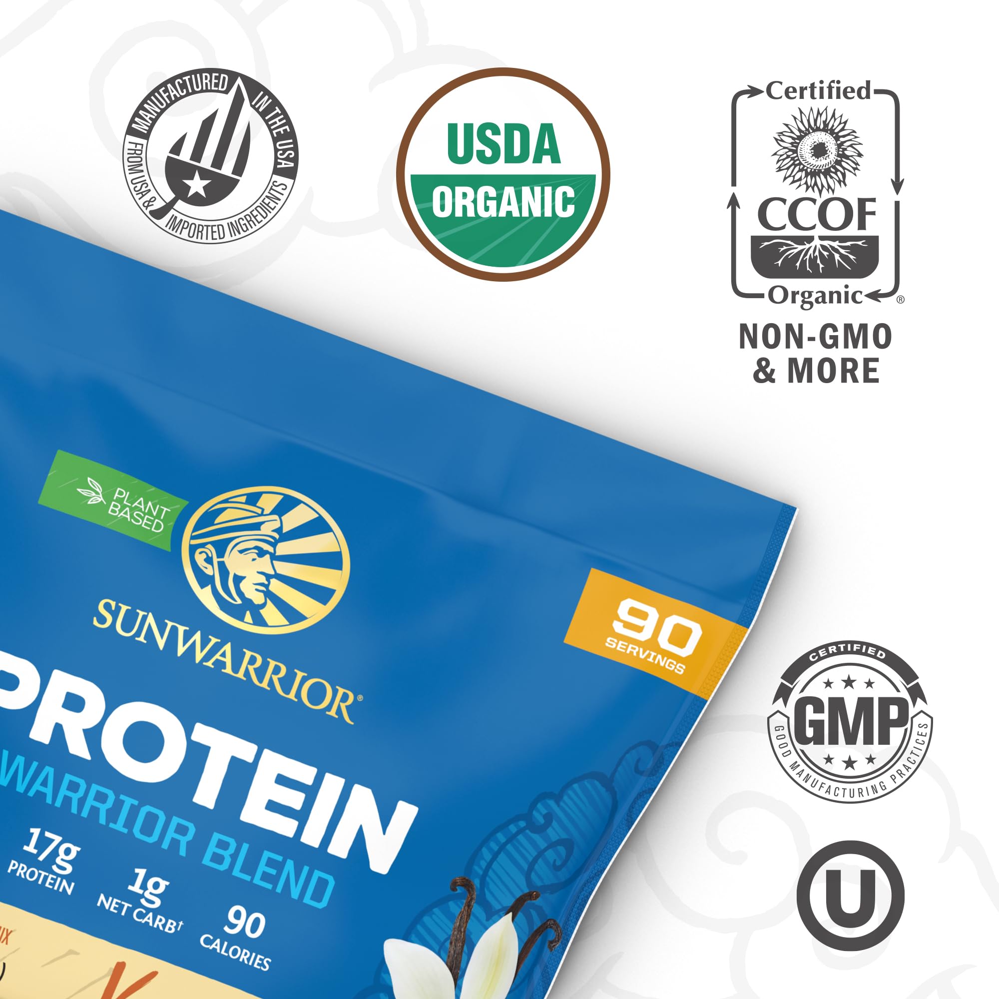 Sunwarrior Vanilla Organic Protein Powder ingredients label highlighting hemp and pea blend.