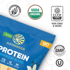 Sunwarrior Vanilla Organic Protein Powder ingredients label highlighting hemp and pea blend.