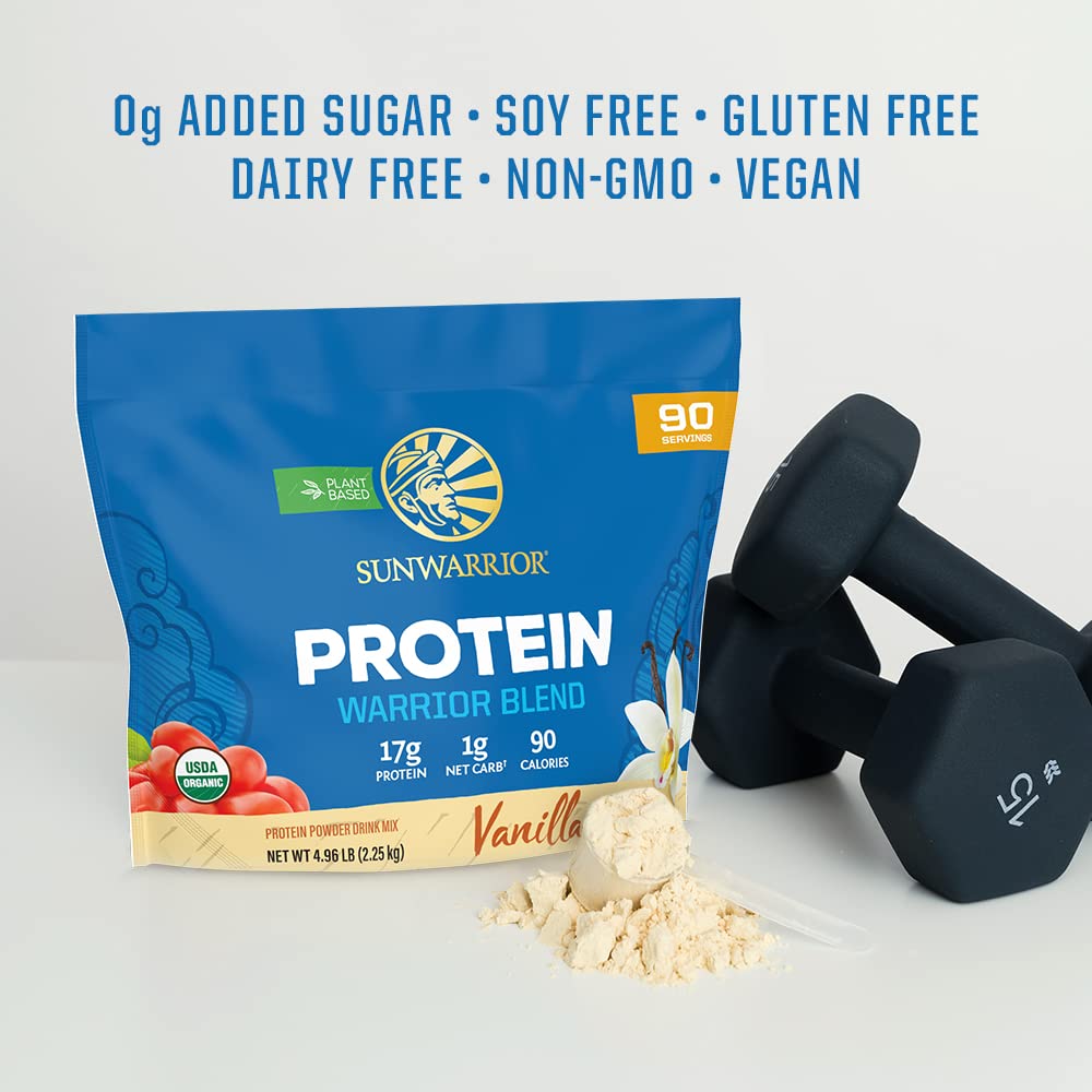 Sunwarrior Vanilla Organic Protein Powder label close-up emphasizing clean ingredients.
