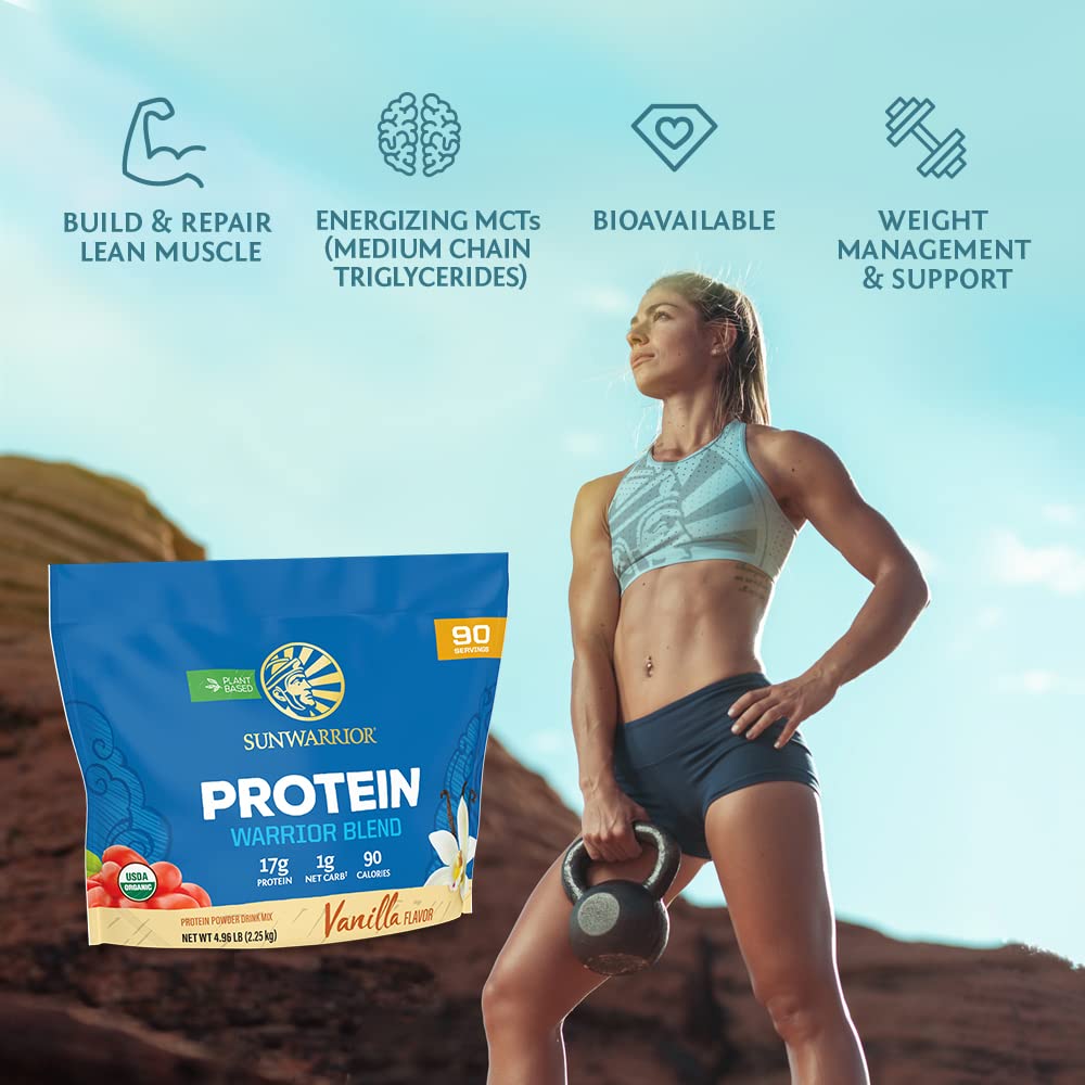 Sunwarrior Vanilla Organic Protein Powder being poured for quick, easy mixing.
