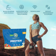 Sunwarrior Vanilla Organic Protein Powder being poured for quick, easy mixing.