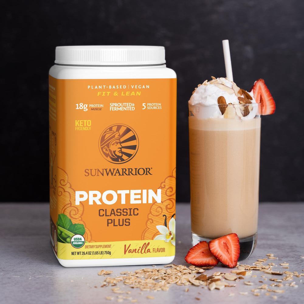 Sunwarrior vanilla vegan protein label: non-GMO, dairy-free, gluten-free formula.
