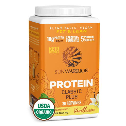 Sunwarrior vanilla vegan protein powder bag: clean organic nutrition for plant-based athletes.