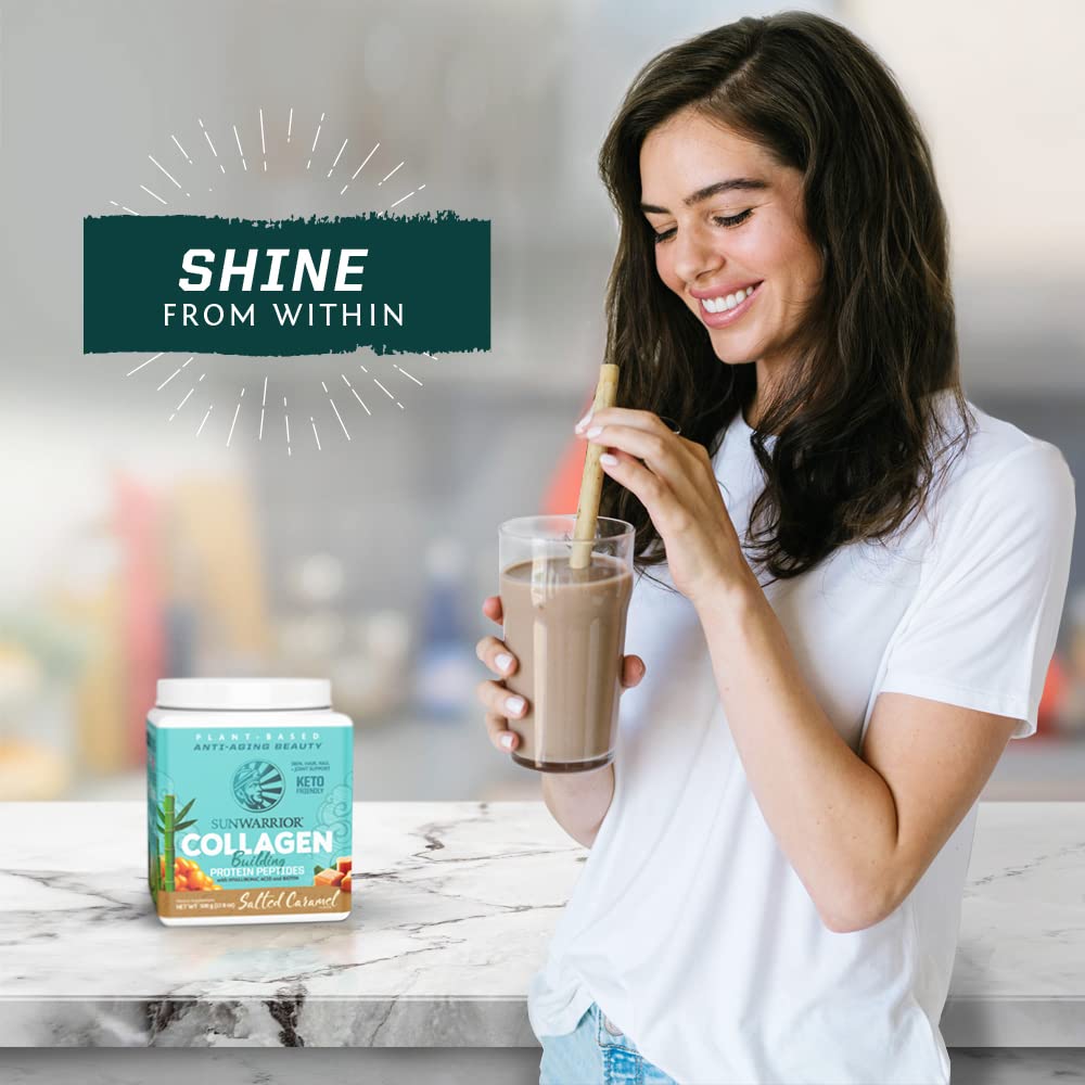 Sunwarrior vegan collagen powder blended shake image shows versatile use in routine.
