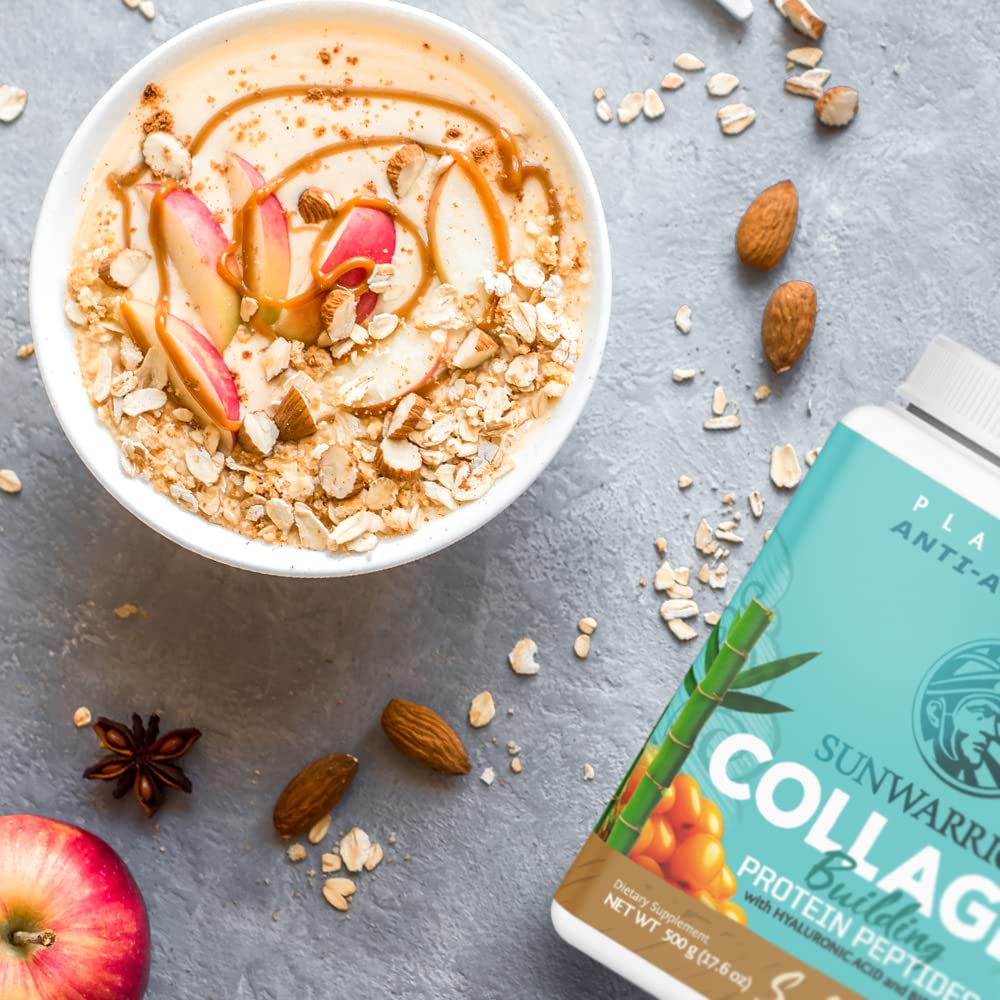 Sunwarrior vegan collagen powder bottle assembly on shelf communicates quality and stability.