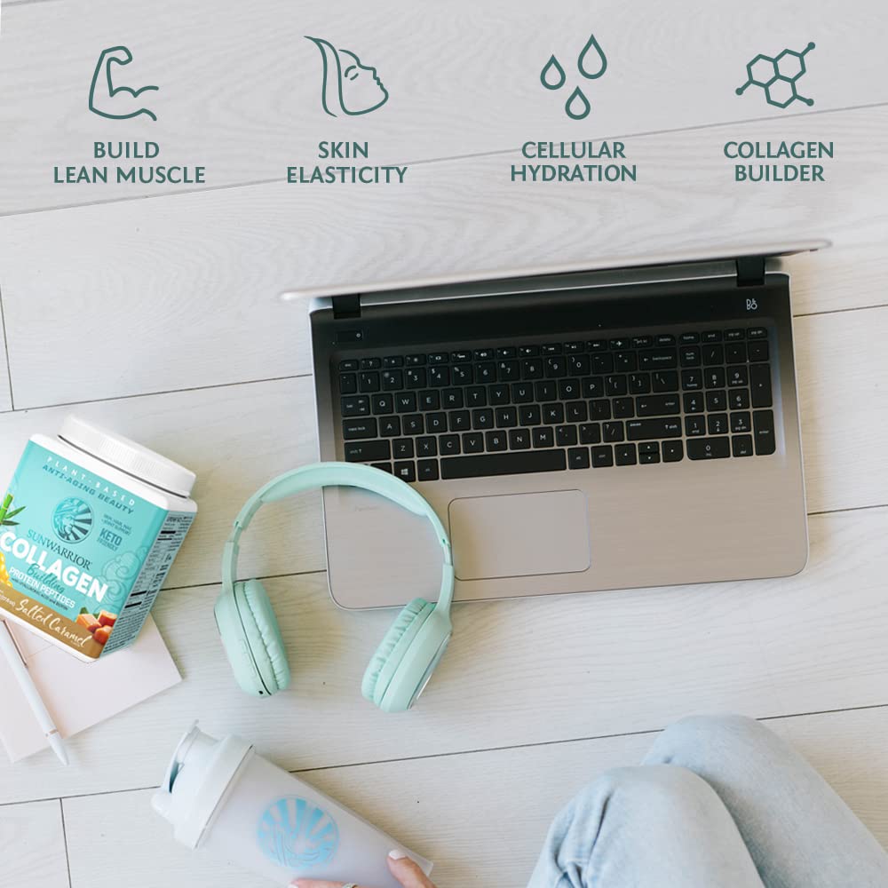 Sunwarrior vegan collagen powder glass bottle on counter suggests clean, dairy-free protein.