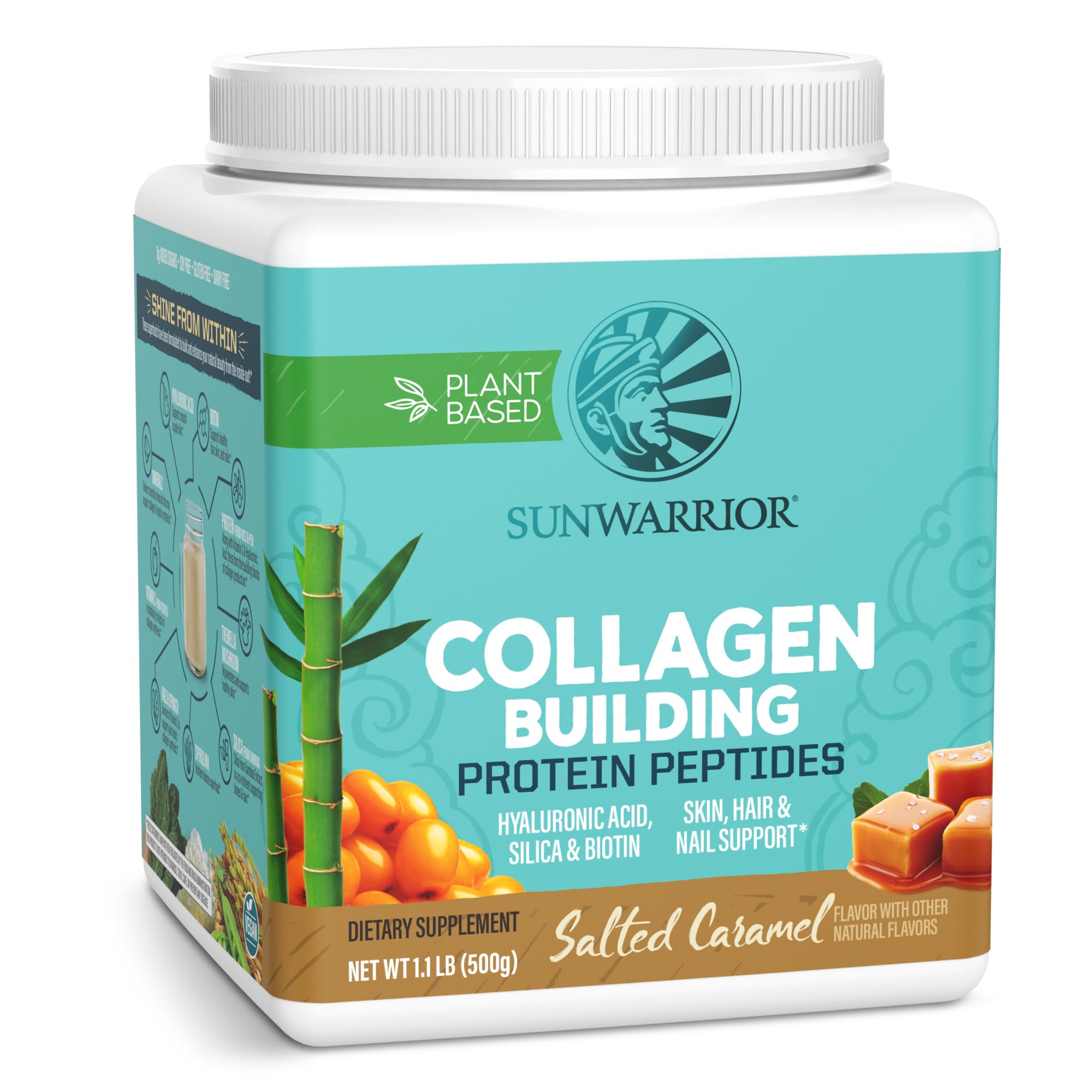 Sunwarrior vegan collagen powder tub closeup showing smooth texture and plant-based blend for everyday routines.