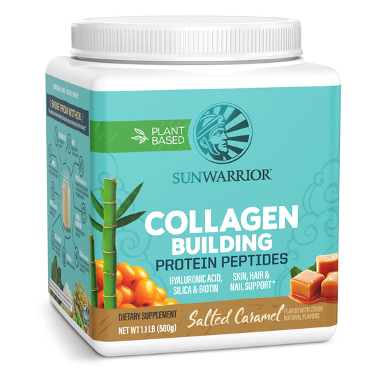 Sunwarrior vegan collagen powder tub closeup showing smooth texture and plant-based blend for everyday routines.