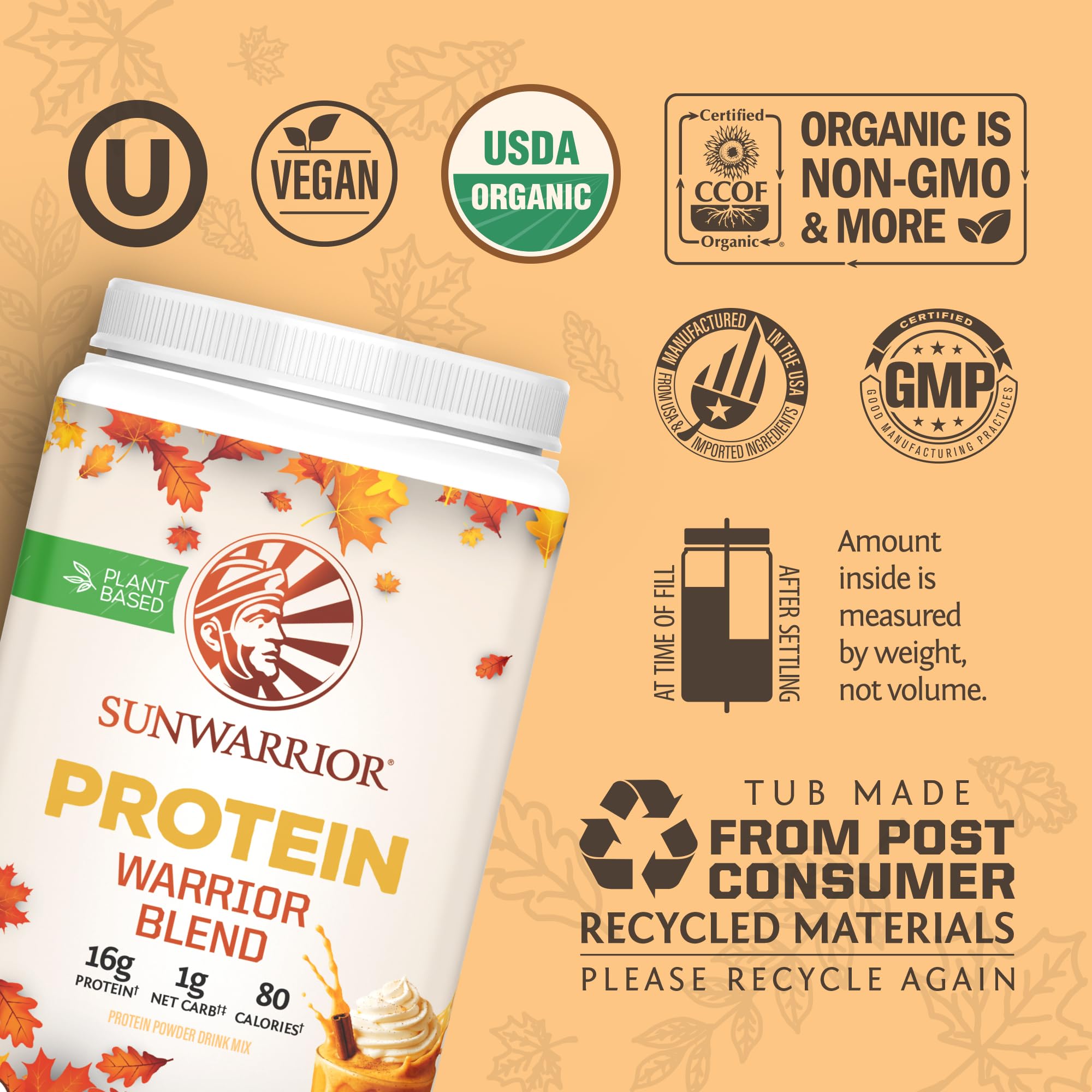 Sunwarrior Vegan Protein Hemp-Pea ingredients label emphasizing organic, non-GMO origins