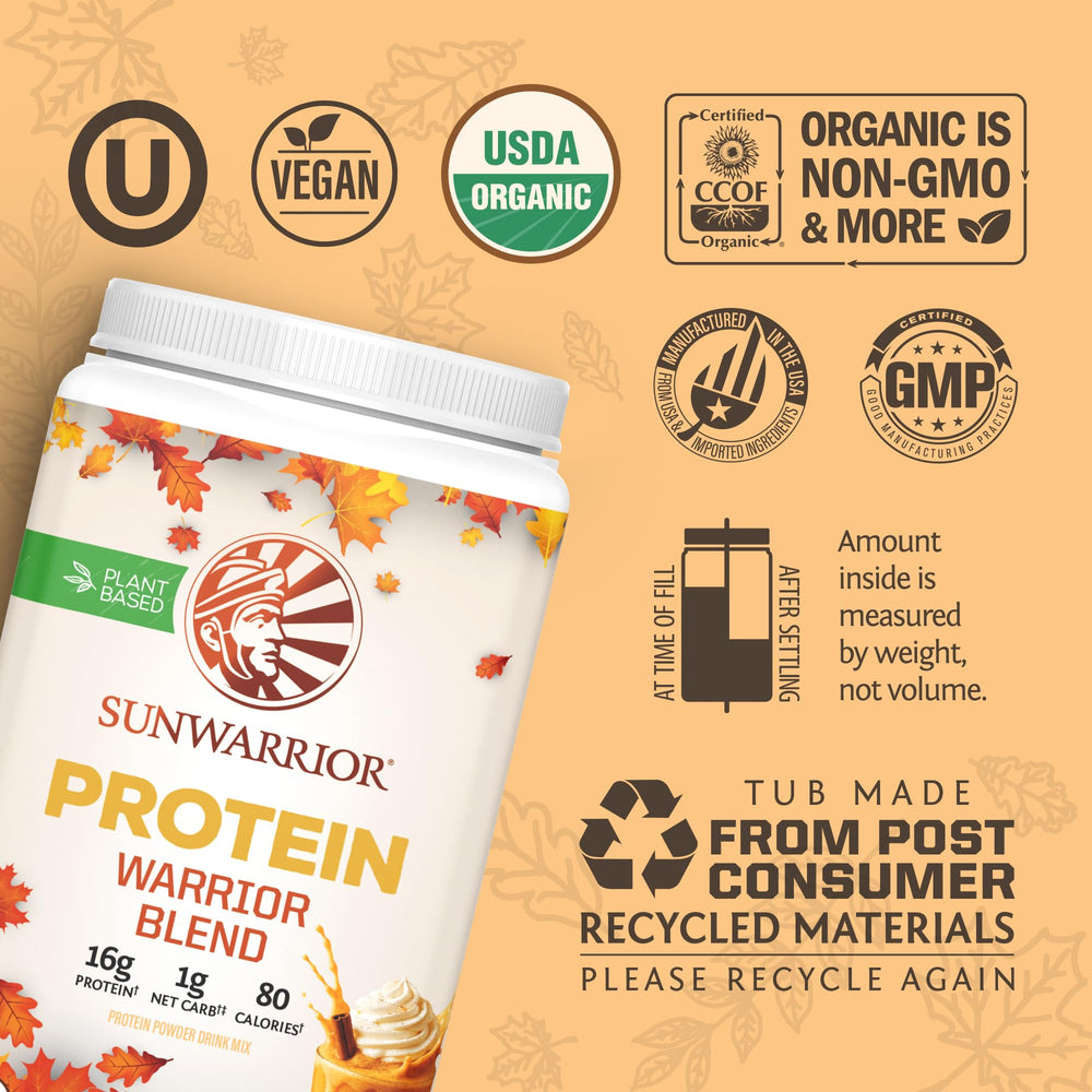 Sunwarrior Vegan Protein Hemp-Pea ingredients label emphasizing organic, non-GMO origins