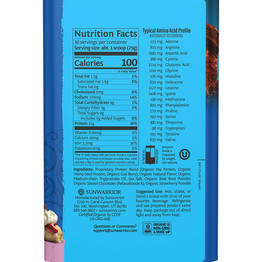 Sunwarrior vegan protein ingredients showcase amino acids and BCAAs.