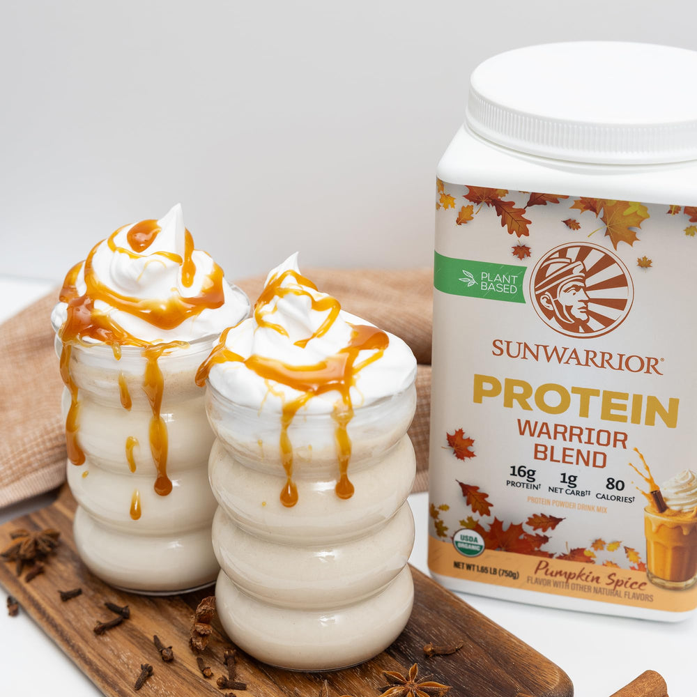 Sunwarrior Vegan Protein bottle with measuring scoop, convenient for on-the-go fueling