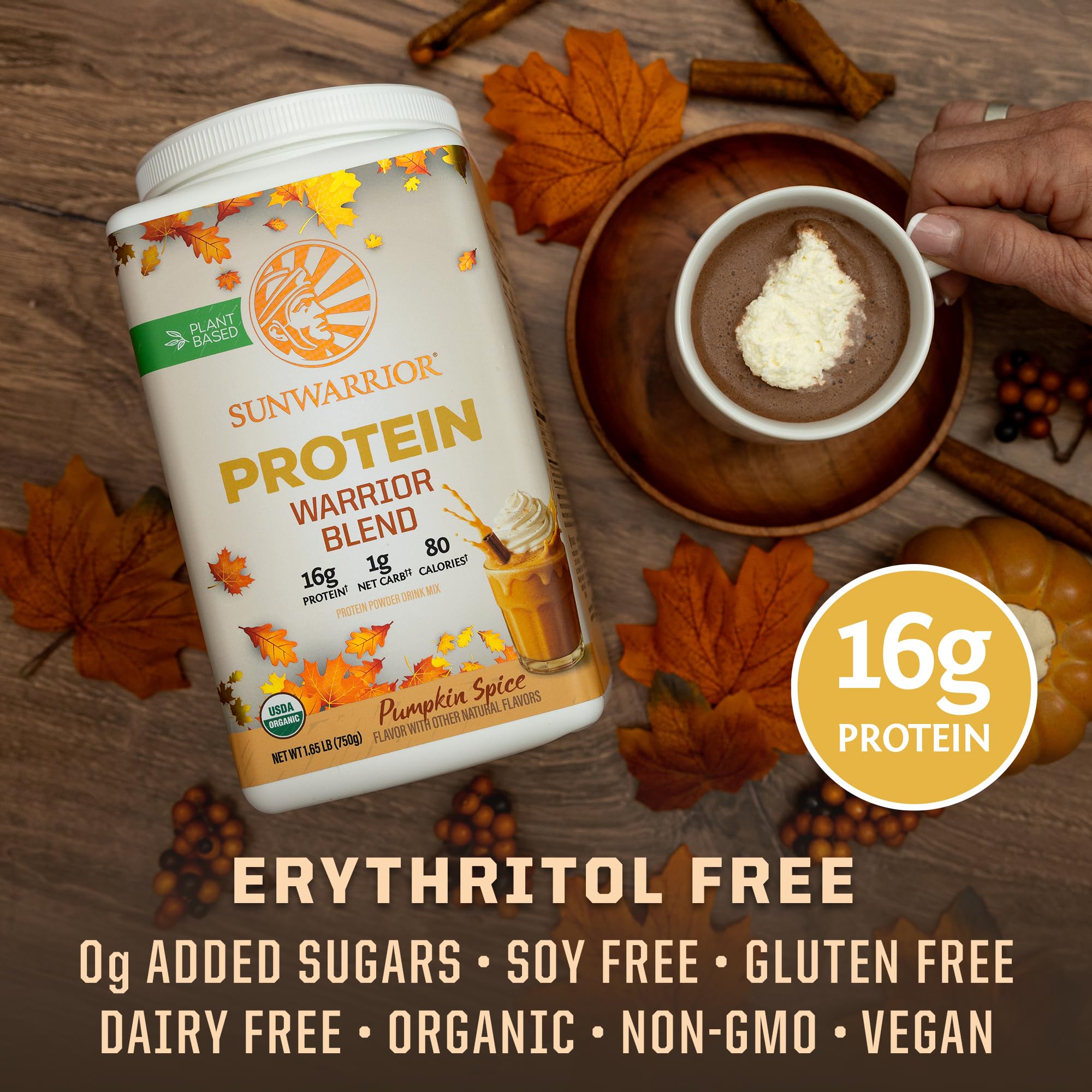 Sunwarrior Vegan Protein shake glass with creamy pumpkin spice aroma