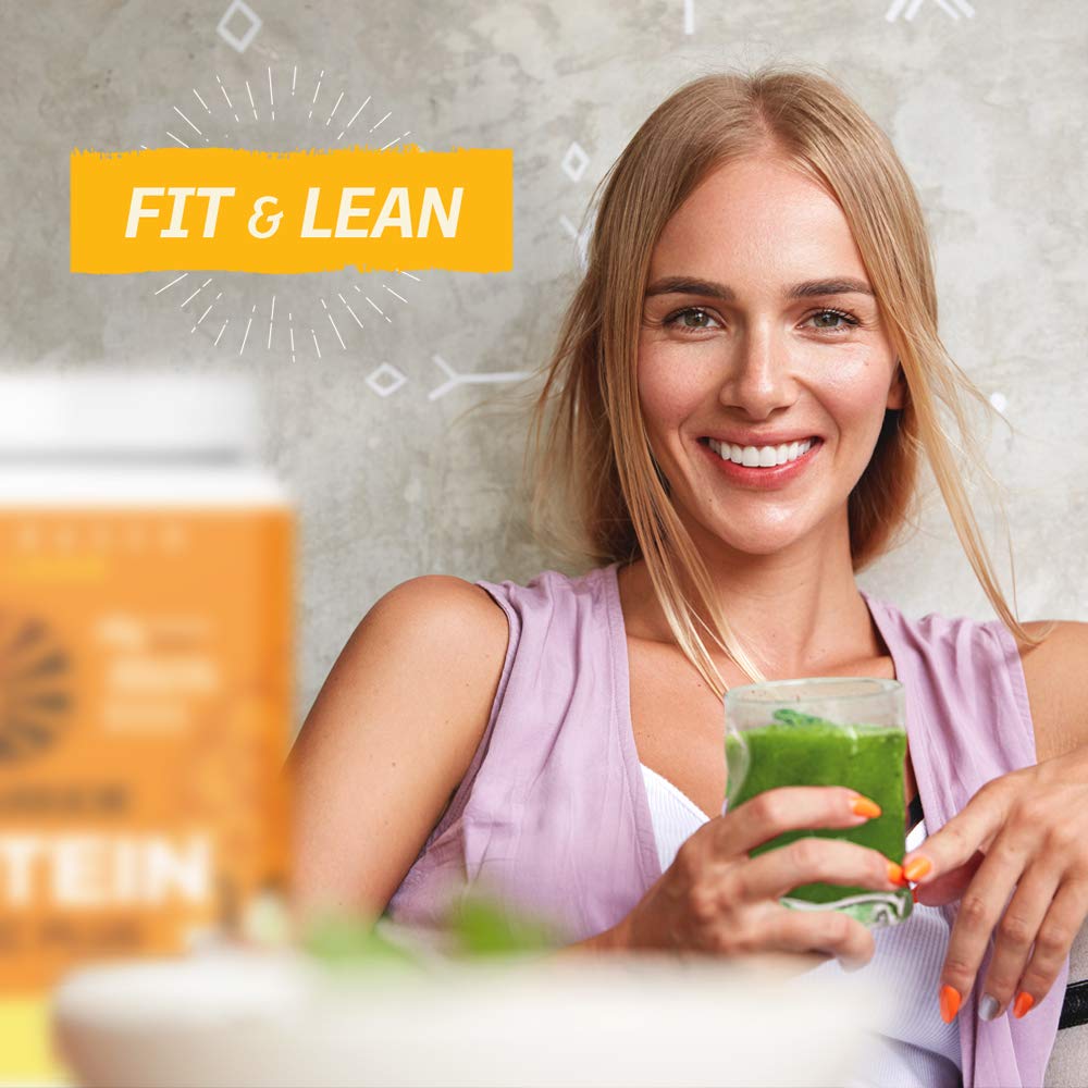 Sunwarrior vegan protein tub on a kitchen counter suggesting easy daily supplementation.