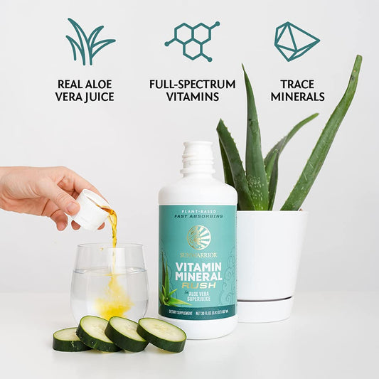 Sunwarrior Vitamin Mineral Rush pour shows quick mix in water for energy.