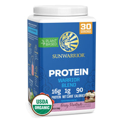 Sunwarrior Warrior Blend Berry protein powder jar for athletes.