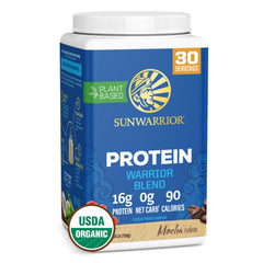 Sunwarrior Warrior Blend Mocha bottle highlighting plant-based protein for daily fueling.